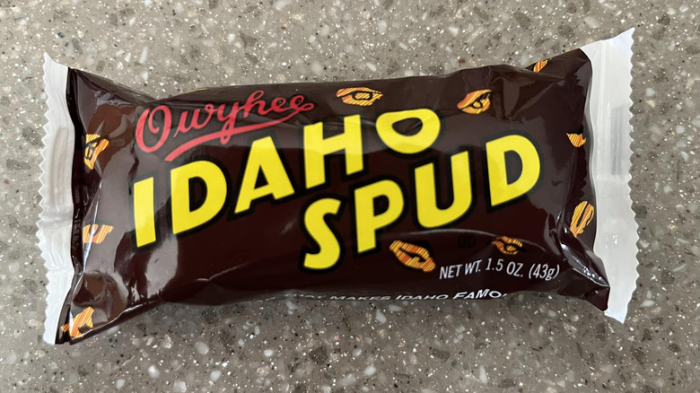 Packaged Idaho Spud Bar on a marble counter