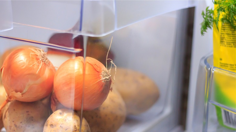 Onions and potatoes in refrigerator drawer