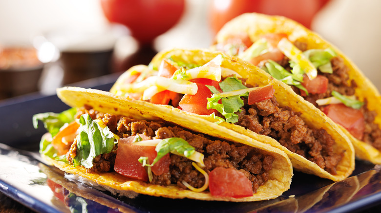 Stacked tacos on a blue plate 