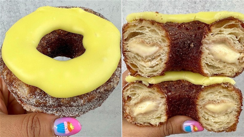 A side-by-side of a brown and yellow cronut