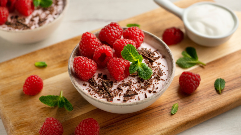 Raspberry mousse in bowl