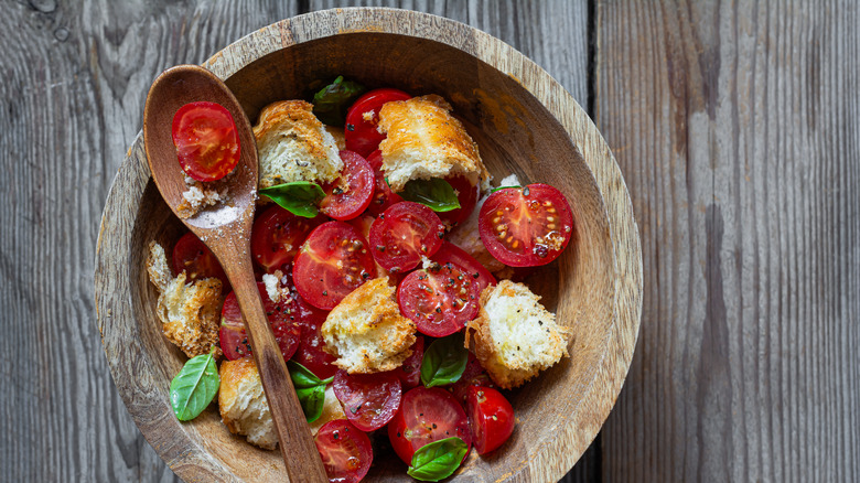 panzanella salad in wooden bowl