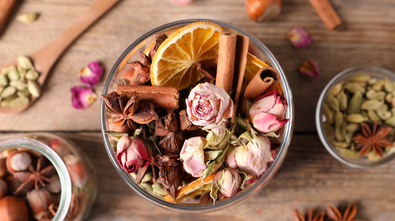 Potpourri with flowers cinnamon and dried orange