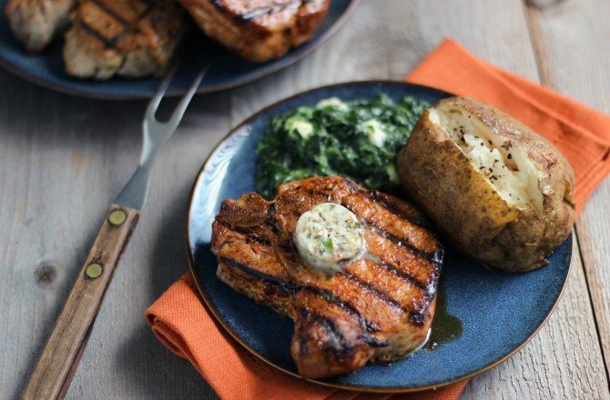 Dry Rubbed Porterhouse Pork Chops with Steakhouse Butter