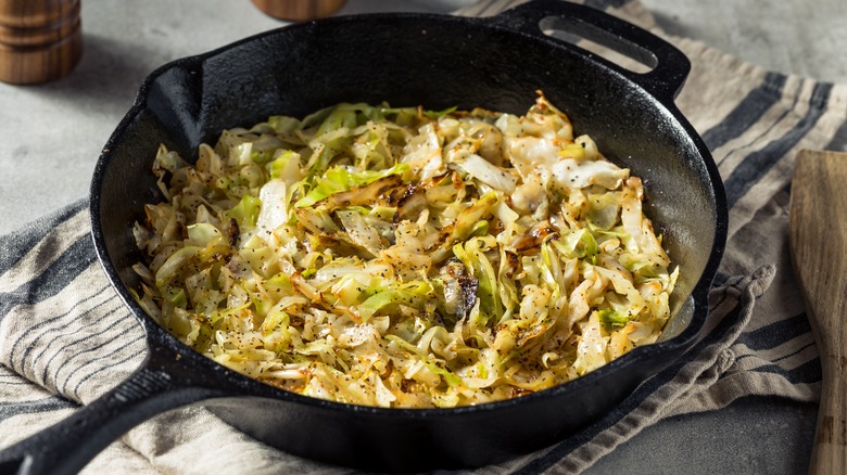 Sauteed cabbage in cast-iron skillet