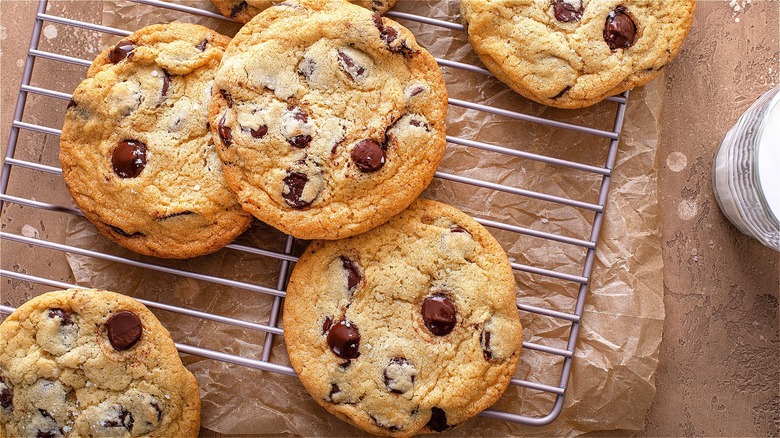 Chocolate chip cookies on wire rack