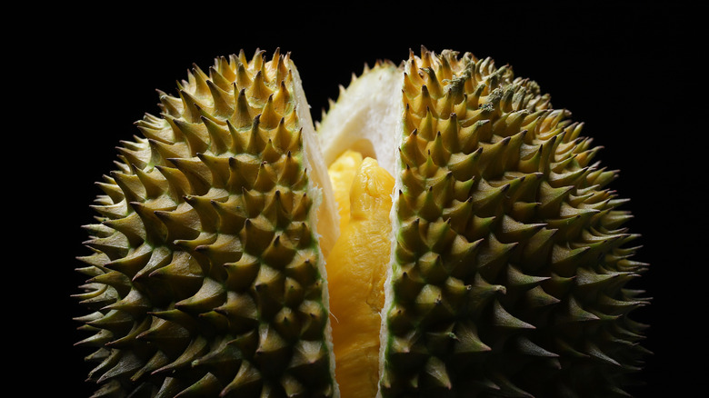 Cracked open durian fruit