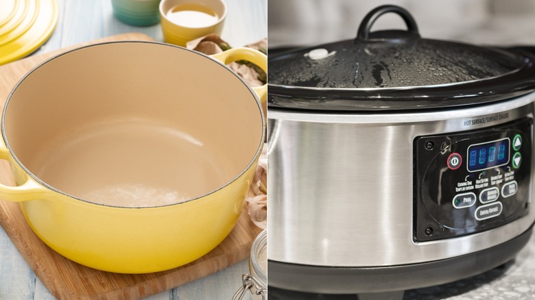 A yellow dutch oven and a slow cooker set to low