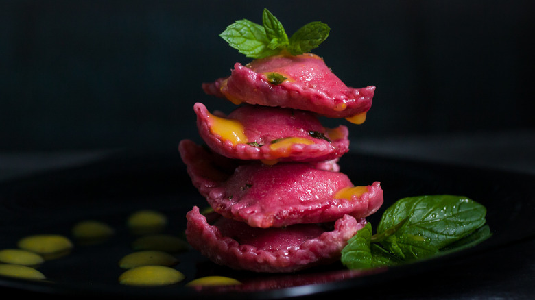 Beetroot ravioli on a plate