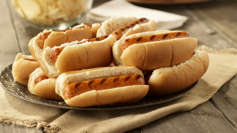 Plate of grilled hot dogs