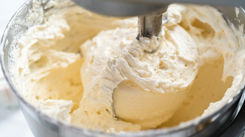 buttercream frosting in mixing bowl