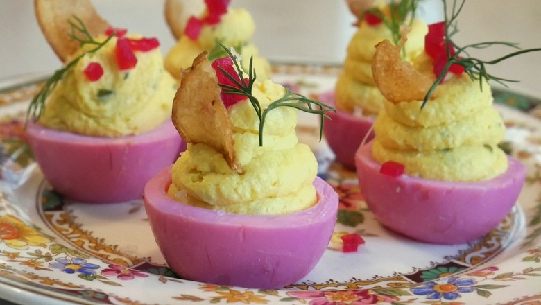 Drunken Deviled Eggs with Pickled Beets and Root Chips