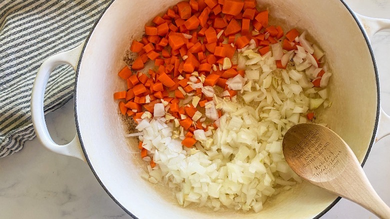 carrots, onion, and garlic sauteeing