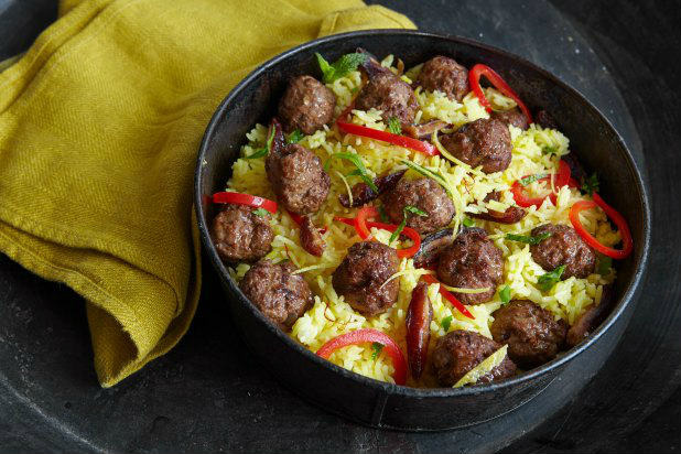 Saffron Rice Pilaf with Lamb Meatballs, Red Peppers, and Dates