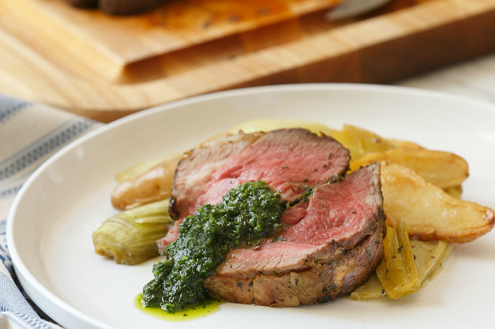 Roasted Lamb with Fingerling Potatoes, Leeks, and Mint Salsa Verde