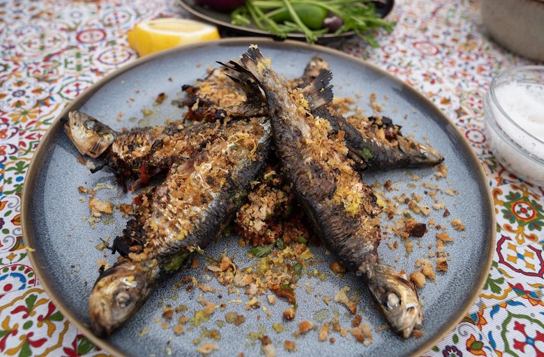 Grilled Sardines Stuffed With Bell Peppers and Lemon-Herb Breadcrumbs 