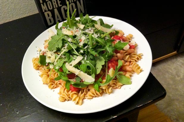 Pasta with White Bean and Tomato Sauce, Arugula, and Parmesan