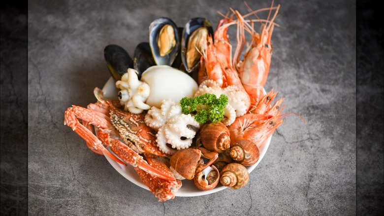 white plate of mixed seafood