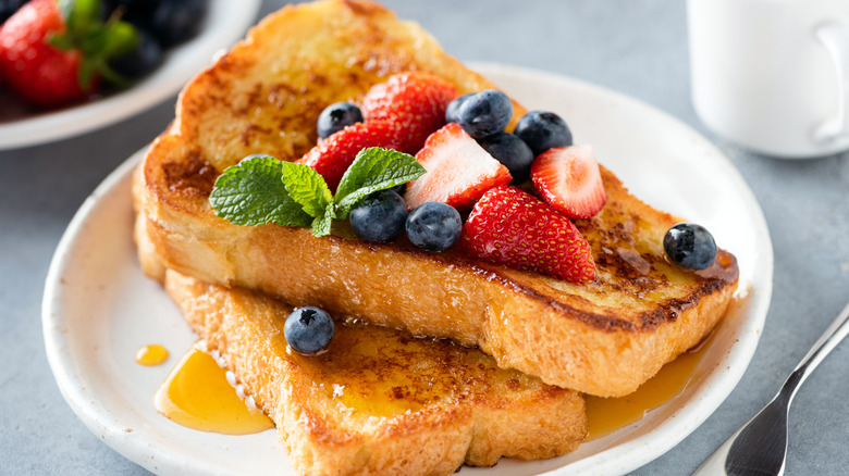 French toast on plate with fruit
