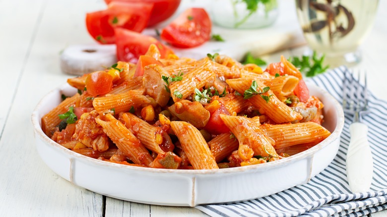 penne pasta in white dish