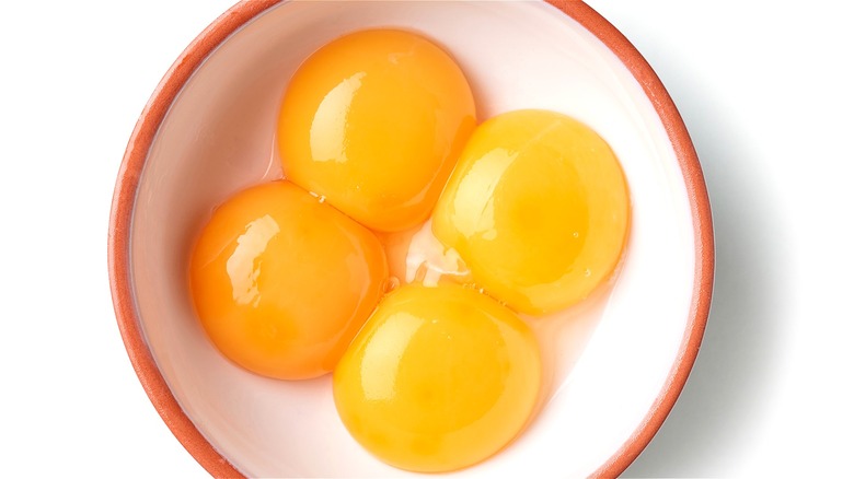 Egg yolks in white bowl 