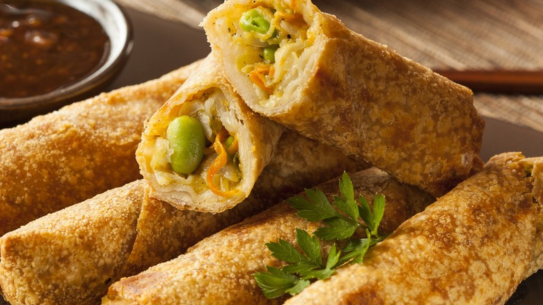 Vegetable egg rolls in pile