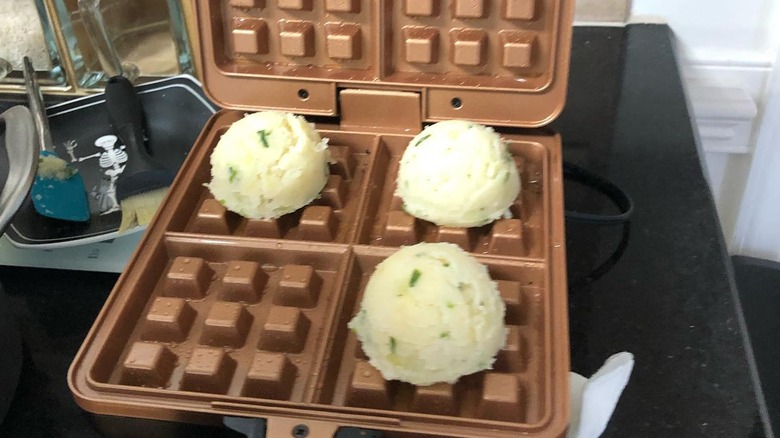 Mashed potatoes in a waffle iron