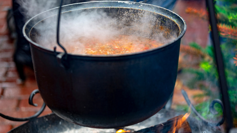 Medieval-style pot over fire