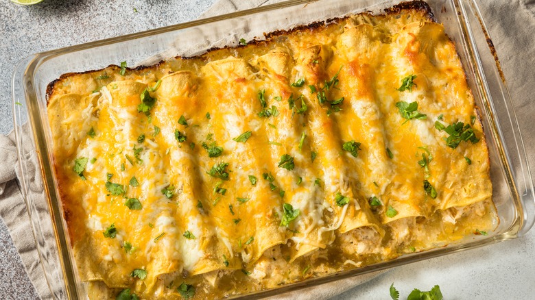 Glass tray of enchiladas