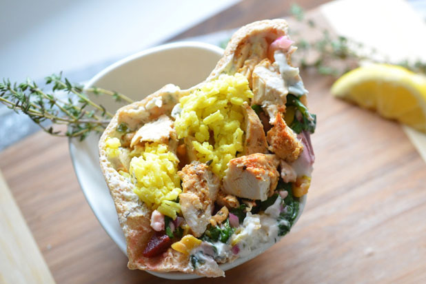 Grilled Chicken Pitas with Saffron and Greek Slaw