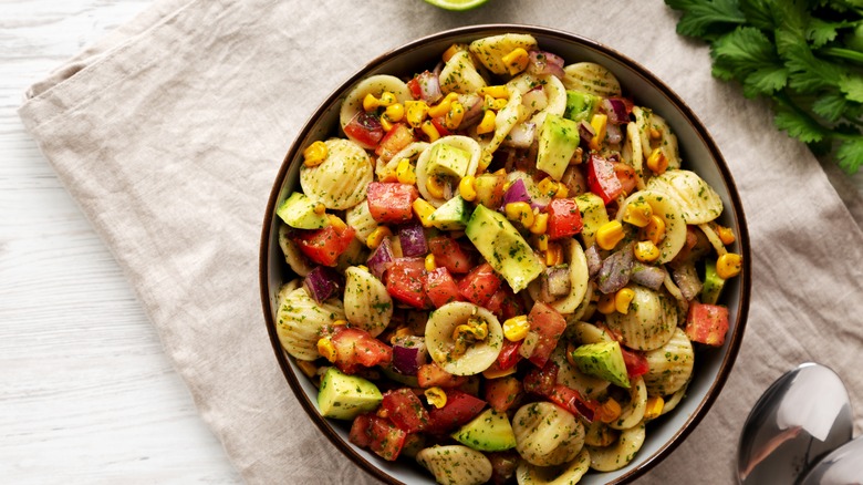 Orecchiette pasta salad with esquites elements