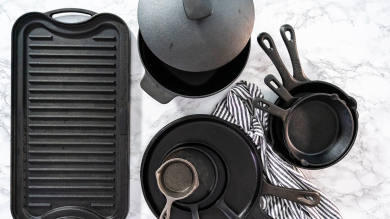 variety of cast iron pans