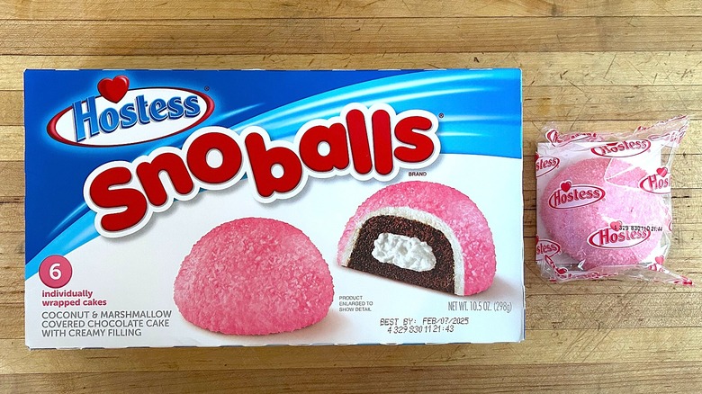 Box and package of Sno-balls Snack Cakes