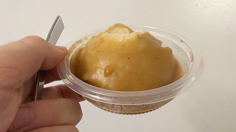 hand holding spoon and mashed potatoes