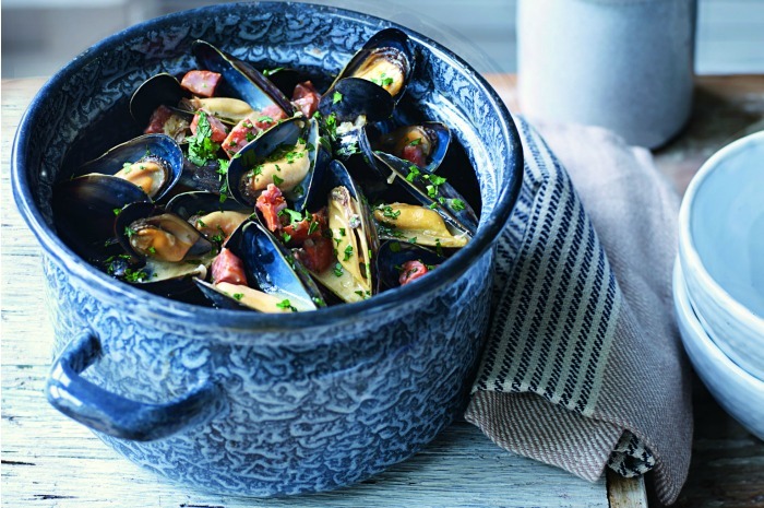 Mussels Cooked with Cream, Chorizo, Garlic, and Flat-Leaf Parsley