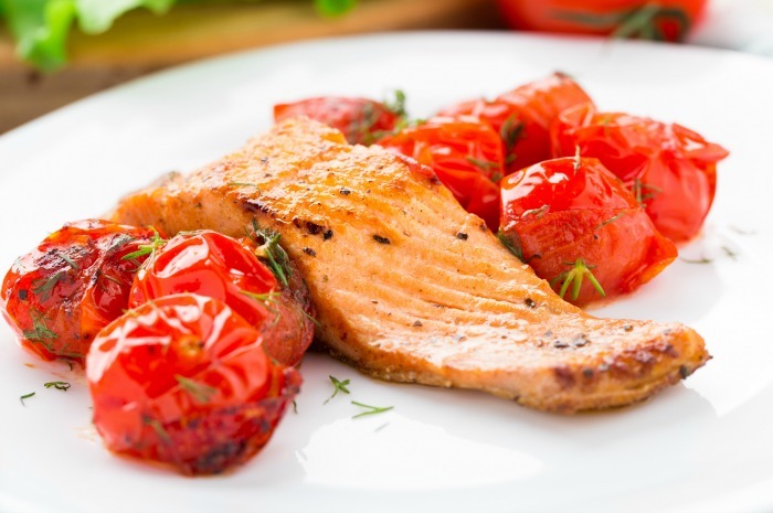 Roasted Salmon with Tomatoes, Onions, and Garlic