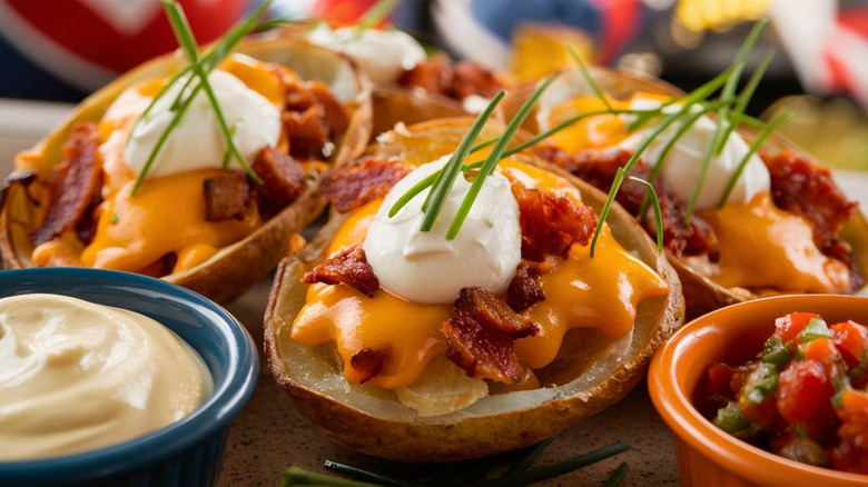 Crispy potato skins with cheese, bacon, sour cream, and chives