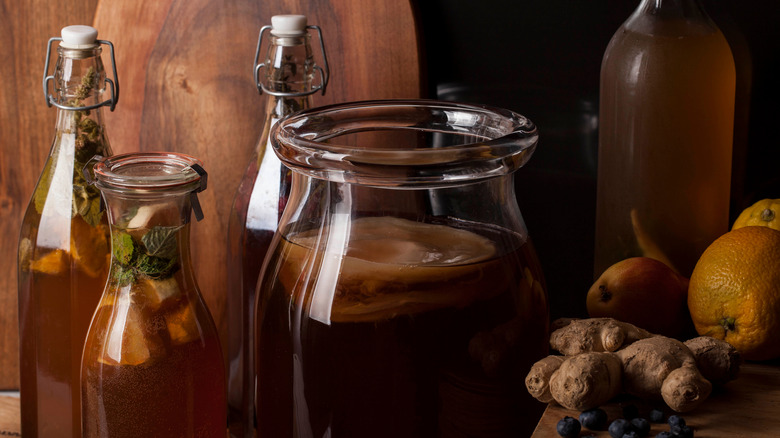 Kombucha in jars with ginger