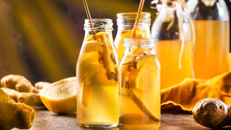 Jars of kombucha lemons and ginger