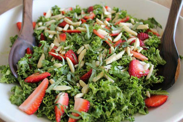 Raw Kale Salad with Vegan Basil Dressing, Strawberries, and Almonds Recipe