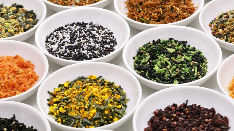 Different types of furikake in bowls