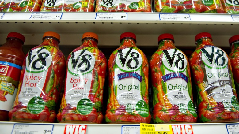 V8 bottles on grocery shelf