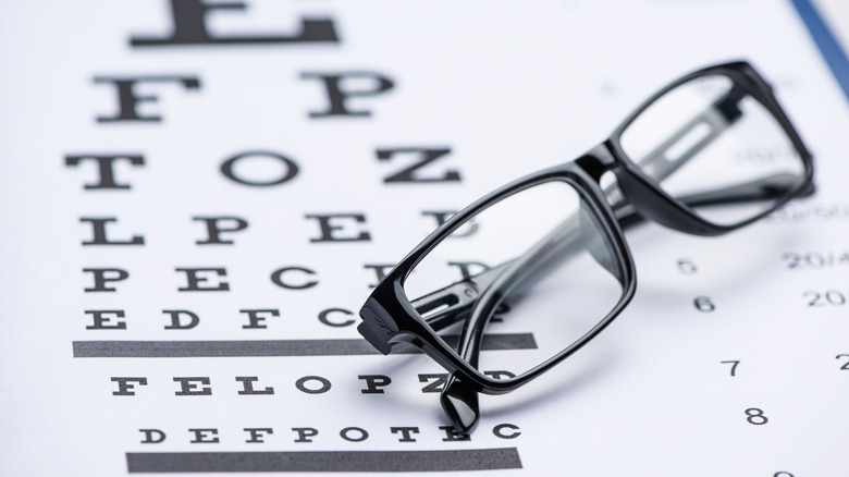 eyeglasses on letter eye exam background