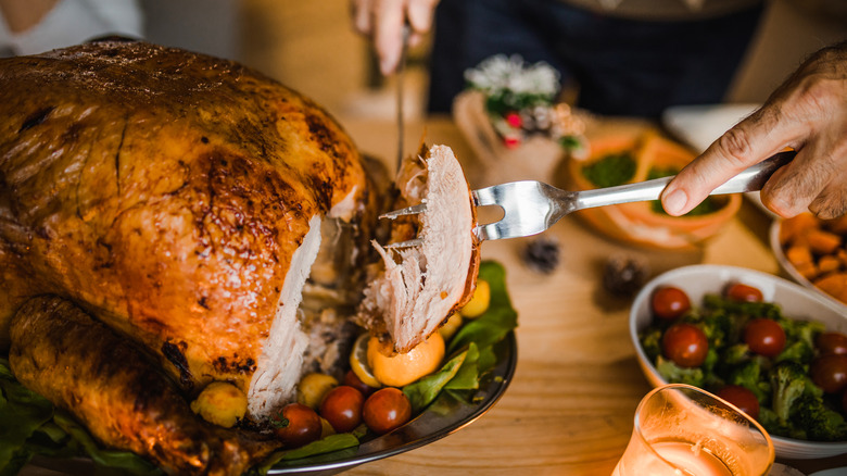 Hands carving Thanksgiving turkey