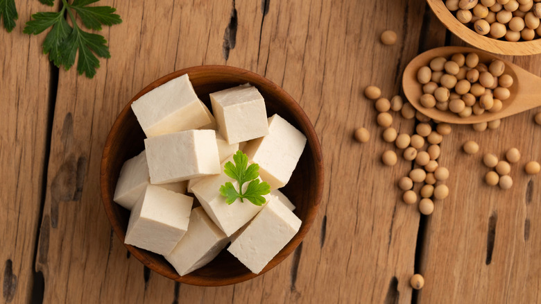 Cubed tofu in bowl