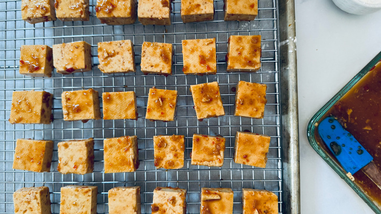 marinated tofu on rack