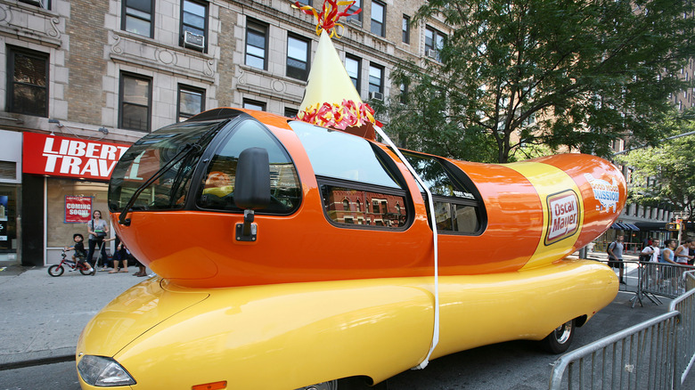 Wienermobile with a party hat on