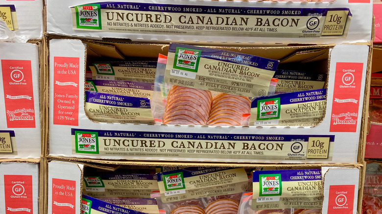 Boxes of Canadian bacon in the store 