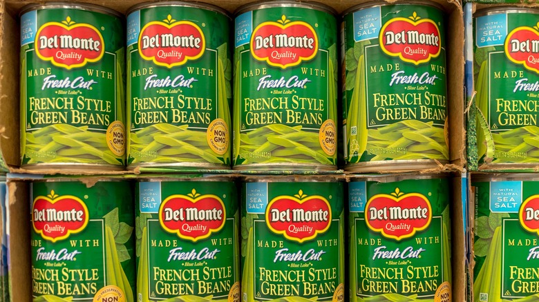 Green bean cans  in boxes