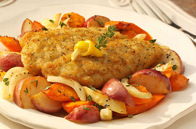 Family-Style Seasoned Cod and Roasted Vegetables